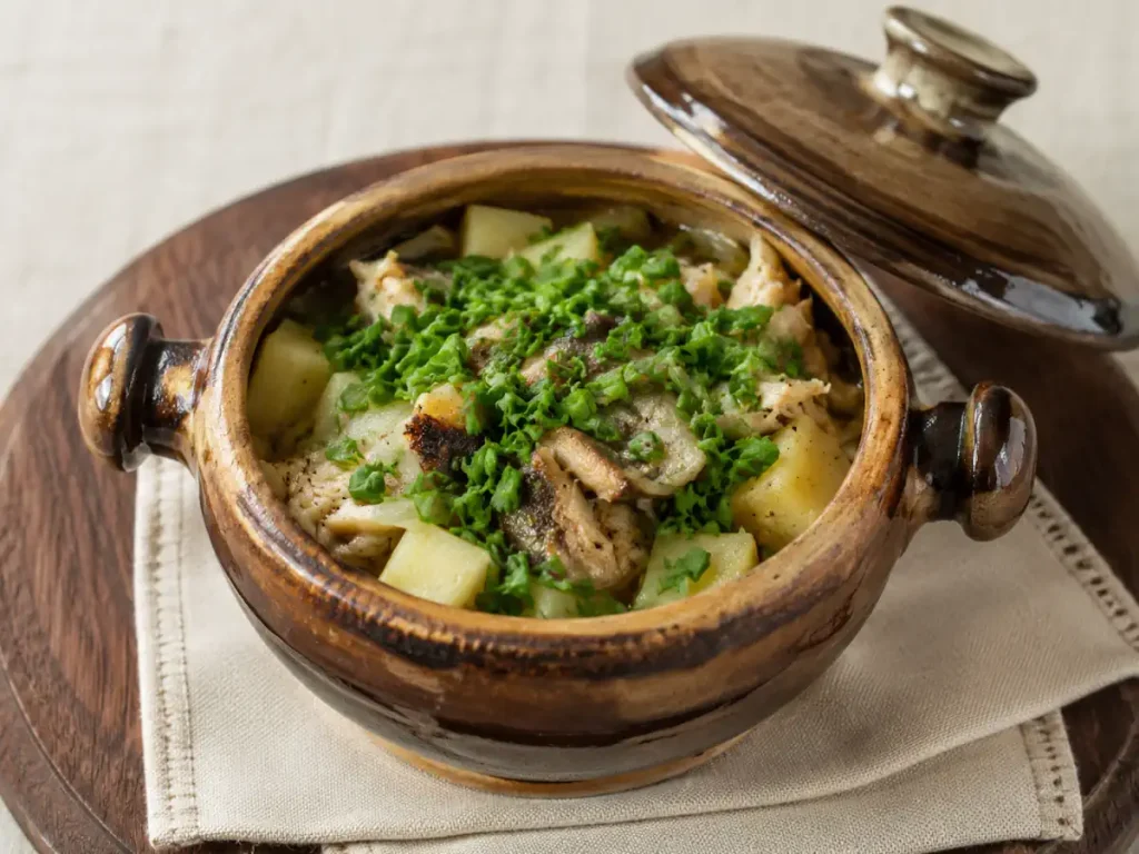 Liepājas menciņi, the traditional Liepāja smoked cod and potato dish, served in a rustic ceramic pot