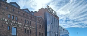 Promenade Hotel and marina buildings in Liepāja city centre near the Trade Canal.