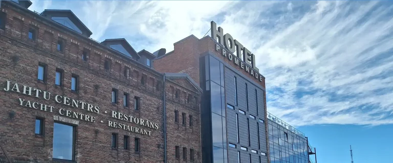Promenade Hotel and marina buildings in Liepāja city centre near the Trade Canal.