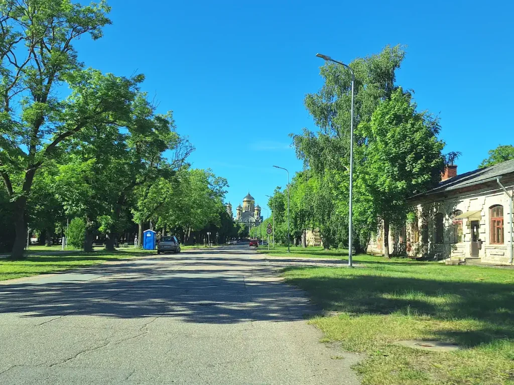St Nicholas Naval Cathedral behind trees in Karosta, Liepāja.