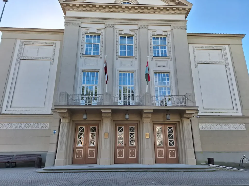 Liepāja Theatre main facade with columned portico and tall entrance doors